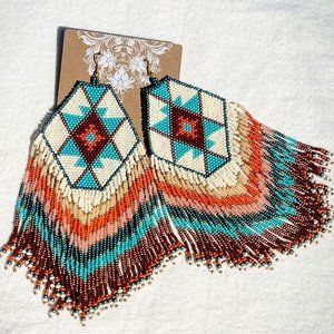 Indian Aztec Southwest Style Earrings Artisan Hand Beaded Long Fringe Huge NWT